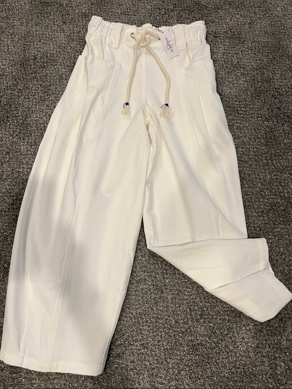 Women's White Paperbag Waist Trousers with Drawstring